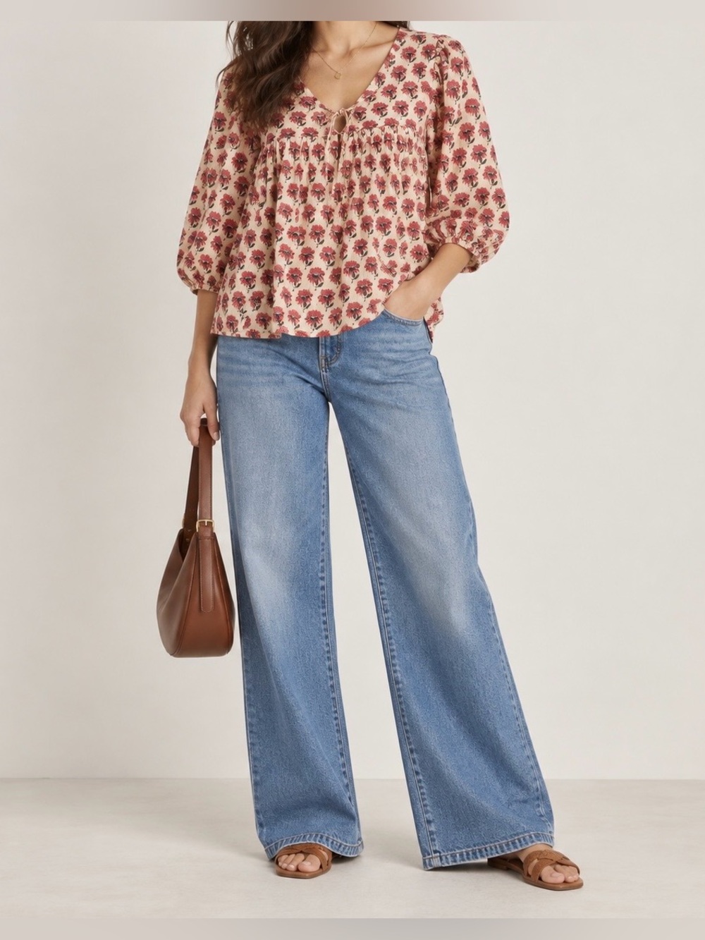Emerson Fry Floral Organic Cotton V-Neck Tie Front Peasant Blouse M/L